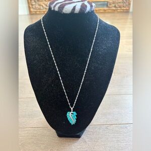 DK signed Sterling Silver Turquoise White Sapphire Leaf Pendant Necklace